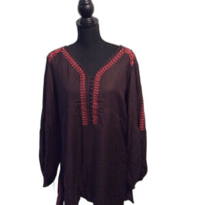 New NWT Soft Surroundings Plus Size 1X Tunic Embroidered BoHo Dark Brown